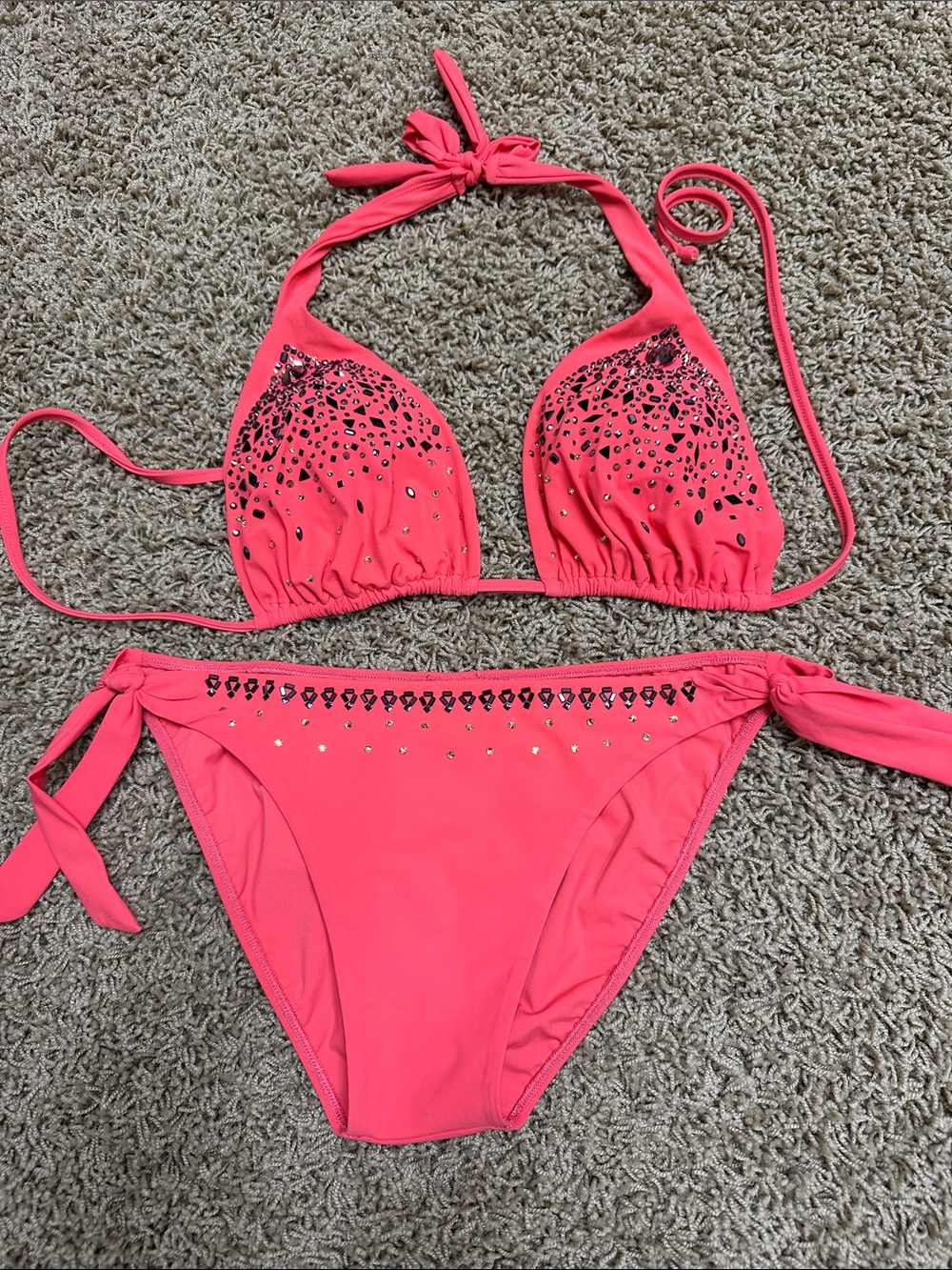 Bright Pink Embellished Tie-Side Bikini - Women's Swim